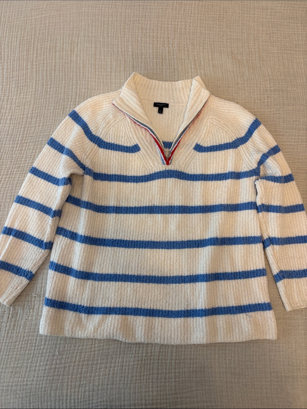 Women’s Blue-Striped Cream Half-Zip Sweater